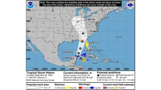 A map shows Tropical Storm Helene predicted to be the strongest hurricane to hit the US in the past year.