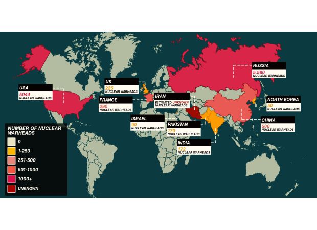 A map displays countries with the most nuclear weapons following Putin's recent threat.