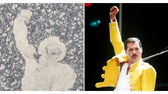 Iconic rock star from 1970s seen in gum on sidewalk.