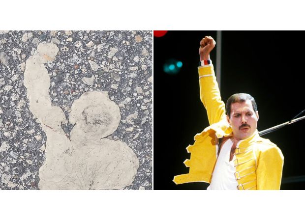 Iconic rock star from 1970s seen in gum on sidewalk.