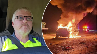 A brave truck driver rescued a woman from a fiery car with limited time.