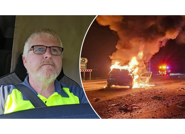 A brave truck driver rescued a woman from a fiery car with limited time.