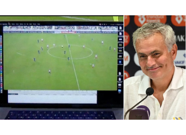 Mourinho gets a yellow card for using a laptop to protest against VAR decision - his wildest move yet.