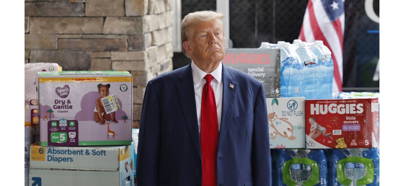 Trump promoting Hurricane Helene aid amidst a backdrop of toilet paper and diapers.