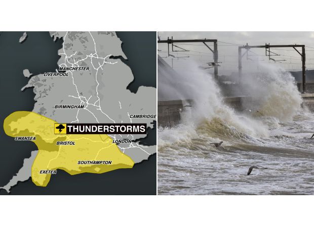 UK map displays areas at risk of thunderstorms today.