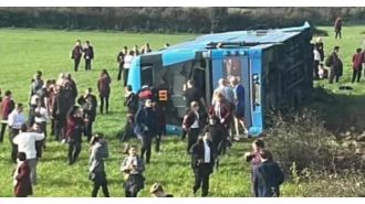 School bus flips over with many kids on board in serious accident.