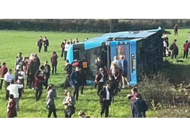 School bus flips over with many kids on board in serious accident.