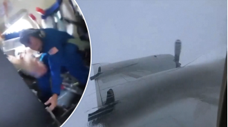 Aircraft experiences rough air during flight toward the center of Hurricane Milton.