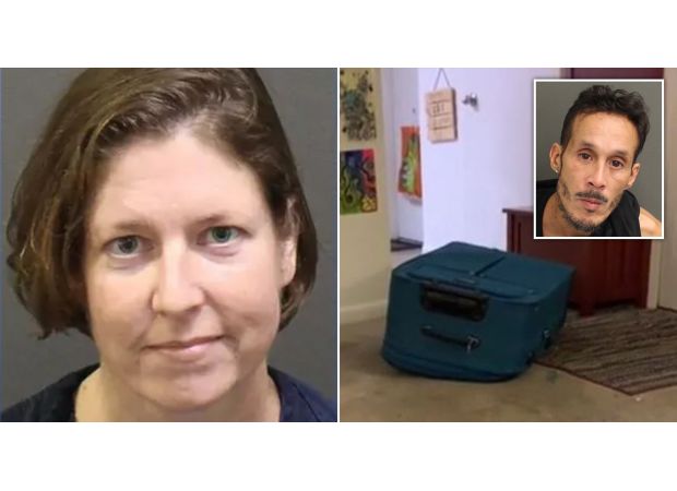 A woman was seen laughing while her boyfriend died after being trapped in a suitcase.