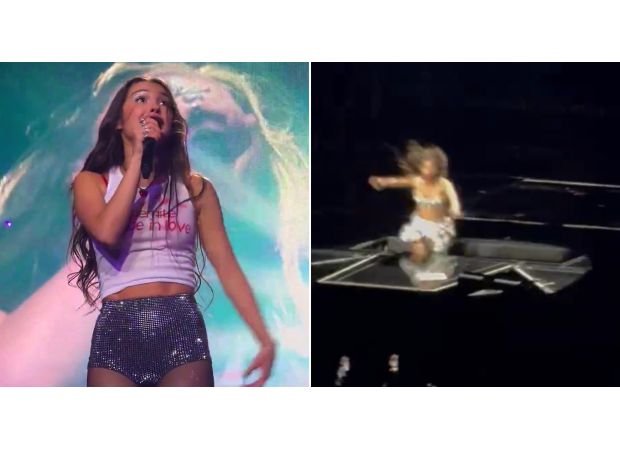 Olivia Rodrigo's onstage fall is cringeworthy.