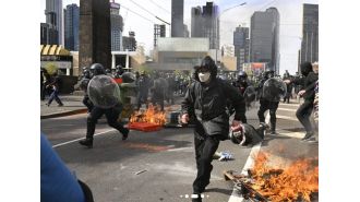 Melbourne man accused of attacking police horse and officers during anti-war rally.