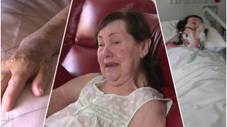 An elderly woman, traumatized, claims she was stuck in a hospital bed railing for multiple hours.
