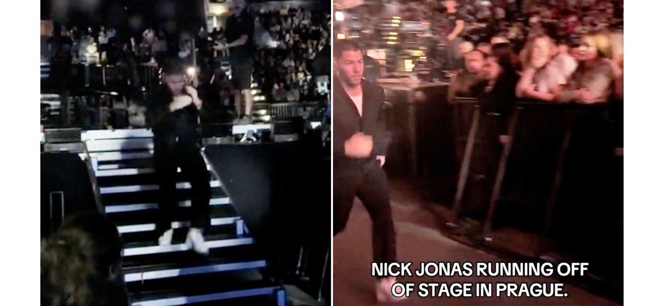 Nick Jonas runs off stage when a laser is aimed at him, causing panic.