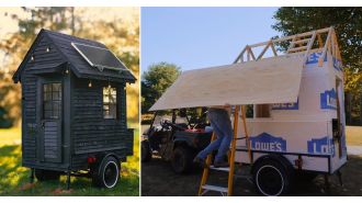 Man creates tiny home measuring 19.46 sq ft, with outdoor shower.