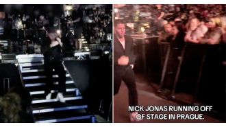 Nick Jonas runs off stage when a laser is aimed at him, causing panic.