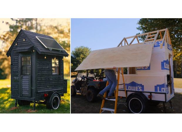 Man creates tiny home measuring 19.46 sq ft, with outdoor shower.