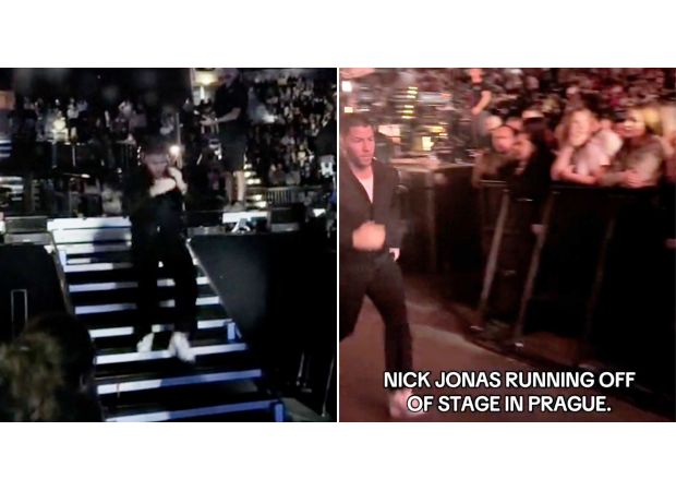Nick Jonas runs off stage when a laser is aimed at him, causing panic.