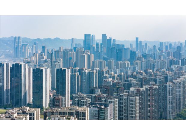 A city with a multitude of skyscrapers and no visible ground floor creates an optical illusion.