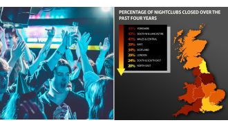 A map displays the regions in the UK most affected by the closure of almost 500 nightclubs over the past four years.