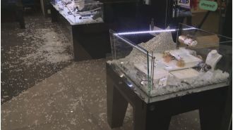Employees at a jewellery store use a ring-sizing tool to chase away thieves.