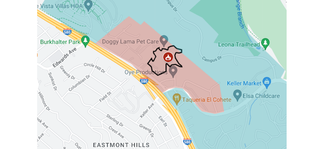 A map of the Keller Fire located in the Oakland hills.