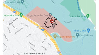 A map of the Keller Fire located in the Oakland hills.
