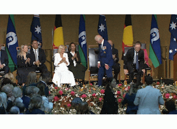 Senator protests visit of Charles to Parliament House, calling it an invasion on indigenous land.