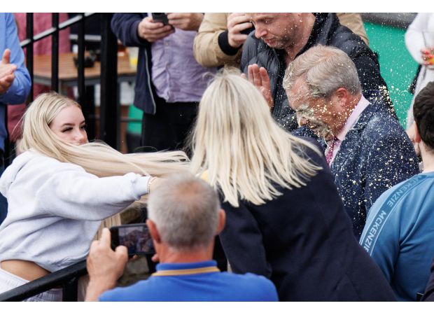 Brexit party leader attends court as person who threw milkshake pleads guilty.