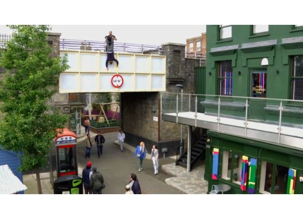 Child's life in jeopardy as EastEnders murderer hurls them off bridge.