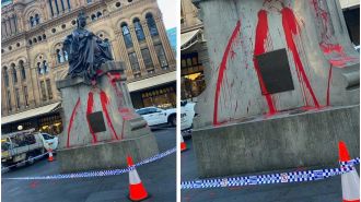 Sydney's QVB vandalized by red paint on royal statue.