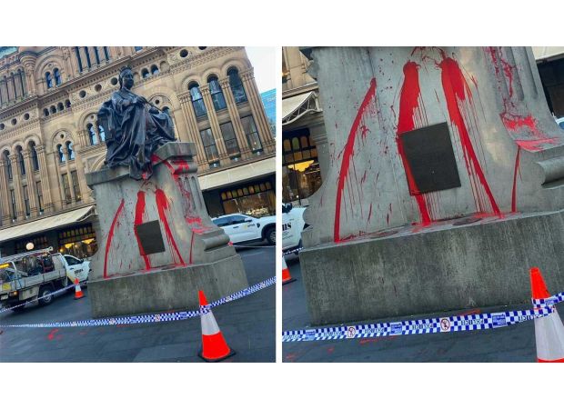 Sydney's QVB vandalized by red paint on royal statue.