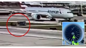Airplane motor ingests baggage compartment and tears it apart.