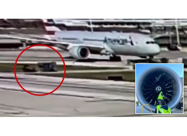 Airplane motor ingests baggage compartment and tears it apart.