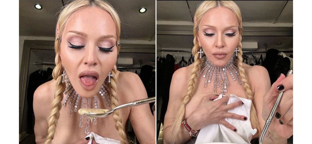 Topless Madonna, 66, enjoys autumn with soup.