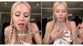 Topless Madonna, 66, enjoys autumn with soup.
