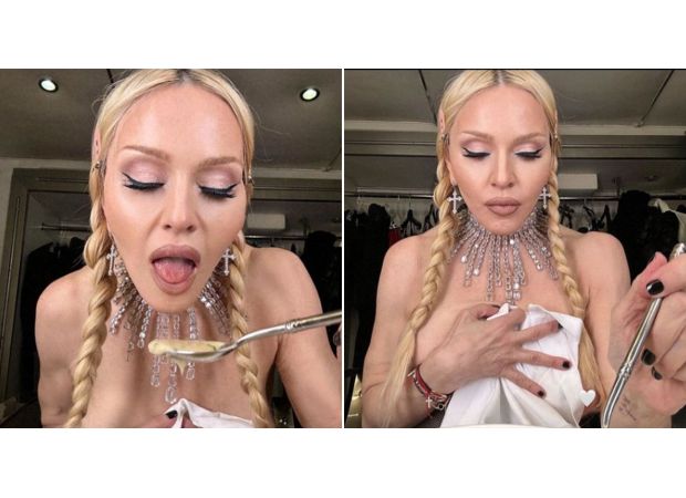 Topless Madonna, 66, enjoys autumn with soup.