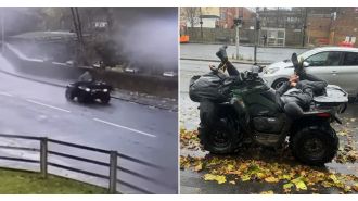 A farmer takes legal action against trespassers by strapping them to his quad bike and delivering them to the police.