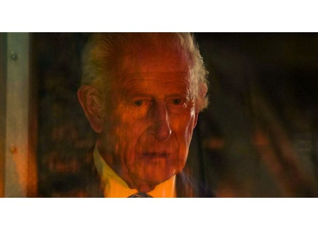 Humorous meme created from King Charles gazing at a fire.