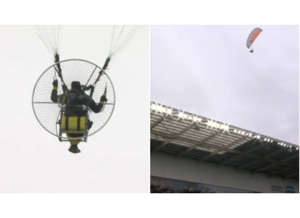 The championship game is paused due to an unidentified person flying over the stadium.