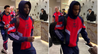 Saka and Timber join Arsenal squad for game against Liverpool.