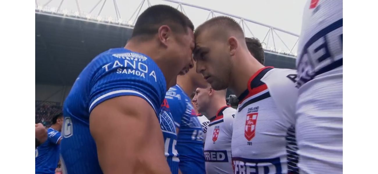 English rugby player clashes with opponent during intense Siva Tau dance in match against Samoa.