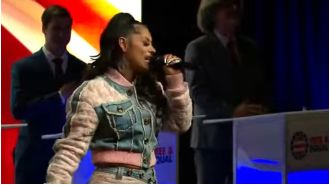 A singer apologizes for a terrible performance of the US national anthem, comparing it to Fergie's infamous rendition.
