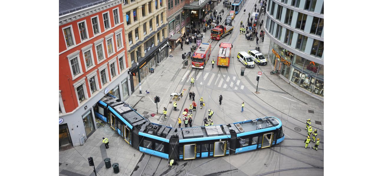 A tram in Oslo derails in a busy city center, causing it to crash into a store.