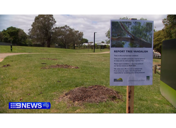 Vandals destroy 200 trees in multiple Melbourne parks, causing outrage.