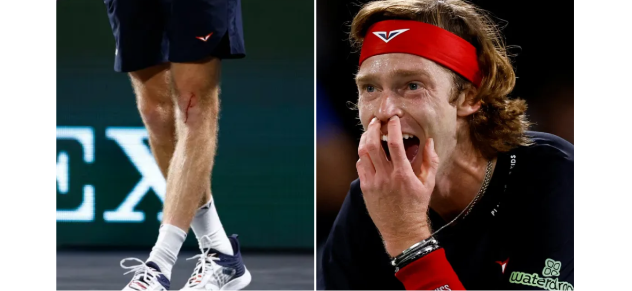 Famous tennis player injured self with racket, causing blood stain on court.