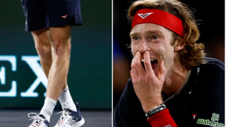 Famous tennis player injured self with racket, causing blood stain on court.