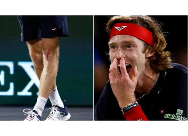 Famous tennis player injured self with racket, causing blood stain on court.