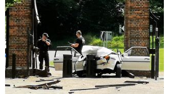 Video footage captures intoxicated driver crashing into British Prime Minister's Chequers residence.