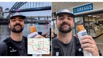 A runner who loves Greggs bakery completed a marathon while stopping at 29 different locations to eat.