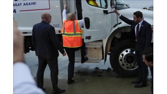 Trump's attempt to troll Biden and Harris fails as he misses the garbage truck handle and stumbles.